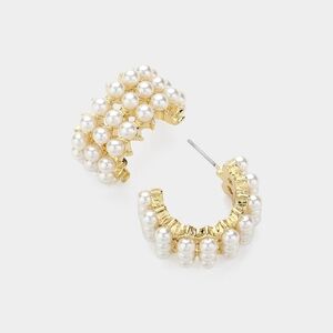Cream Pearl Gold Hoop Earrings Fashion Jewelry 1" Cluster Fashion Accessory